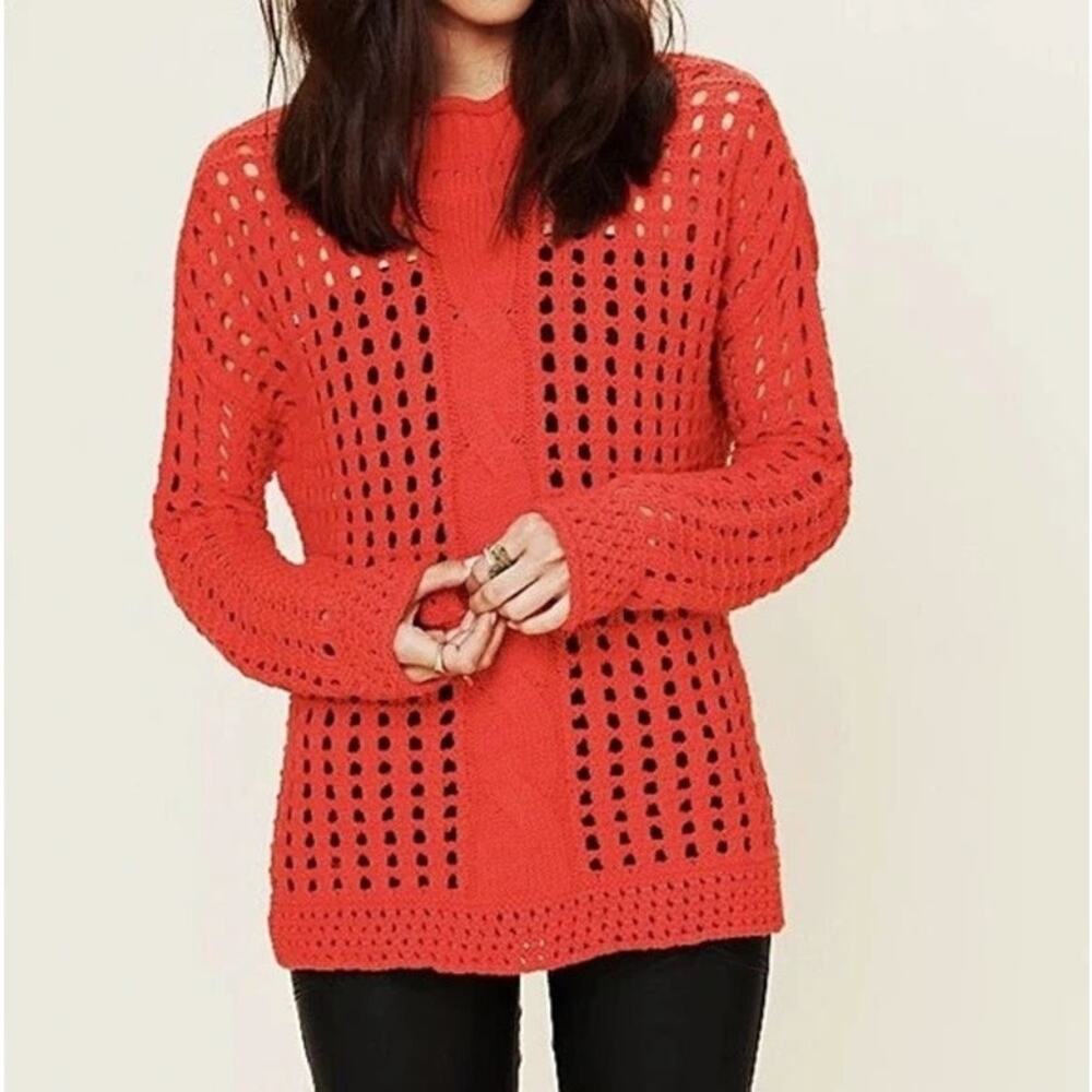 Free People Orange Red Oversized Chunky Open Knit Sweater Size S